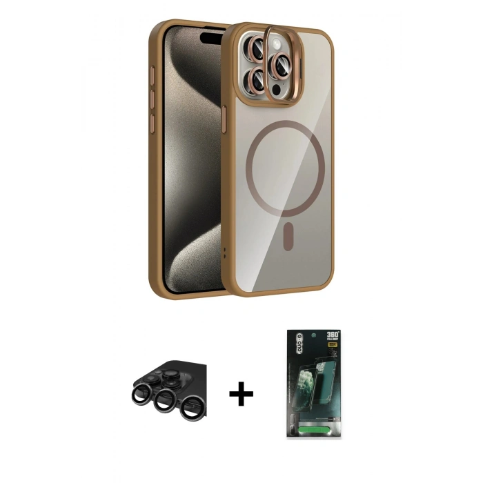 MARSİLYAN™- iPhone 15 Pro Max Kılıf Yadigar Asil Koleksiyonu - Şeffaf 360 Full Body Arka Koruyucu + Raze Metal Kamera Lens - TMGI