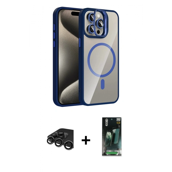 MARSİLYAN™- iPhone 15 Pro Max Kılıf Yadigar Asil Koleksiyonu - Şeffaf 360 Full Body Arka Koruyucu + Raze Metal Kamera Lens - TMGI