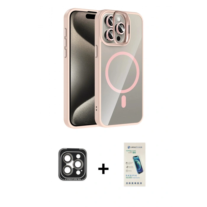 MARSİLYAN™- iPhone 15 Pro Max Kılıf Yadigar Asil Koleksiyonu - Şeffaf Pasifik Cam Ekran Koruyucu + PVD Metal Kamera Lens - GI