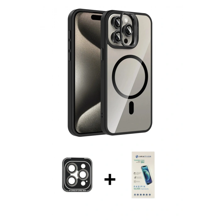 MARSİLYAN™- iPhone 15 Pro Max Kılıf Yadigar Asil Koleksiyonu - Şeffaf Pasifik Cam Ekran Koruyucu + PVD Metal Kamera Lens - GI