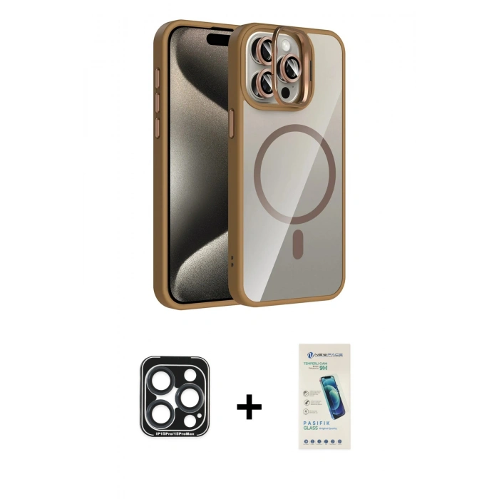 MARSİLYAN™- iPhone 15 Pro Max Kılıf Yadigar Asil Koleksiyonu - Şeffaf Pasifik Cam Ekran Koruyucu + PVD Metal Kamera Lens - LT
