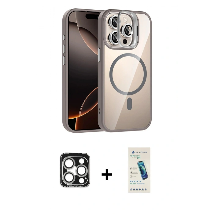 MARSİLYAN™- iPhone 15 Pro Max Kılıf Yadigar Asil Koleksiyonu - Şeffaf Pasifik Cam Ekran Koruyucu + PVD Metal Kamera Lens - GS
