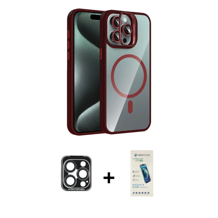 MARSİLYAN™- iPhone 15 Pro Max Kılıf Yadigar Asil Koleksiyonu - Şeffaf Pasifik Cam Ekran Koruyucu + PVD Metal Kamera Lens - LT