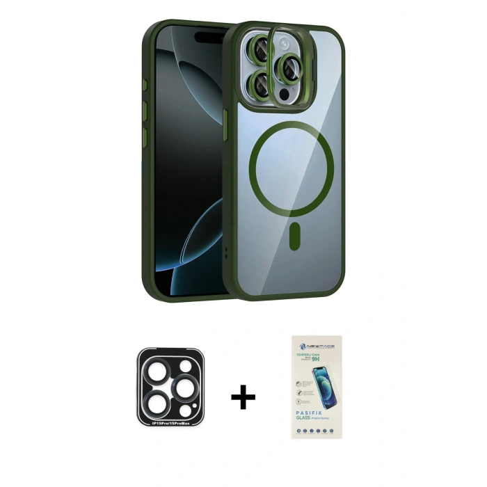MARSİLYAN™- iPhone 15 Pro Max Kılıf Yadigar Asil Koleksiyonu - Şeffaf Pasifik Cam Ekran Koruyucu + PVD Metal Kamera Lens - LT