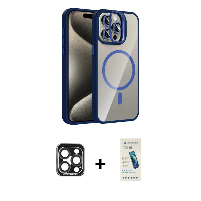 MARSİLYAN™- iPhone 15 Pro Max Kılıf Yadigar Asil Koleksiyonu - Şeffaf Pasifik Cam Ekran Koruyucu + PVD Metal Kamera Lens - LT