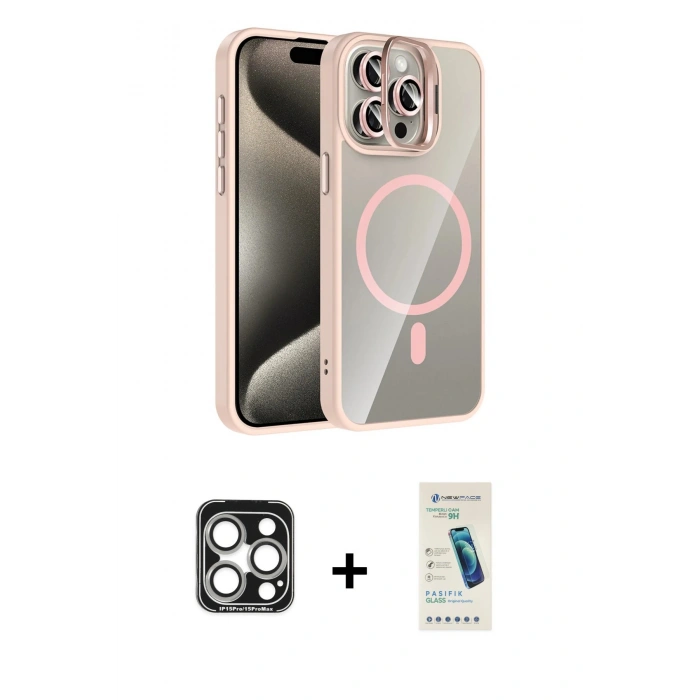 MARSİLYAN™- iPhone 15 Pro Max Kılıf Yadigar Asil Koleksiyonu - Şeffaf Pasifik Cam Ekran Koruyucu + PVD Metal Kamera Lens - GS