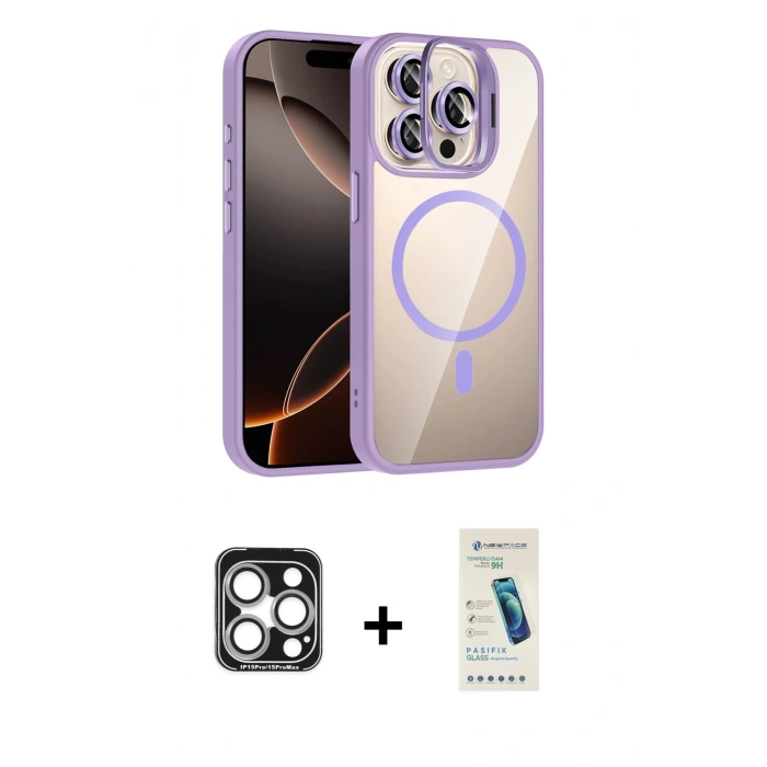 MARSİLYAN™- iPhone 15 Pro Max Kılıf Yadigar Asil Koleksiyonu - Şeffaf Pasifik Cam Ekran Koruyucu + PVD Metal Kamera Lens - GS