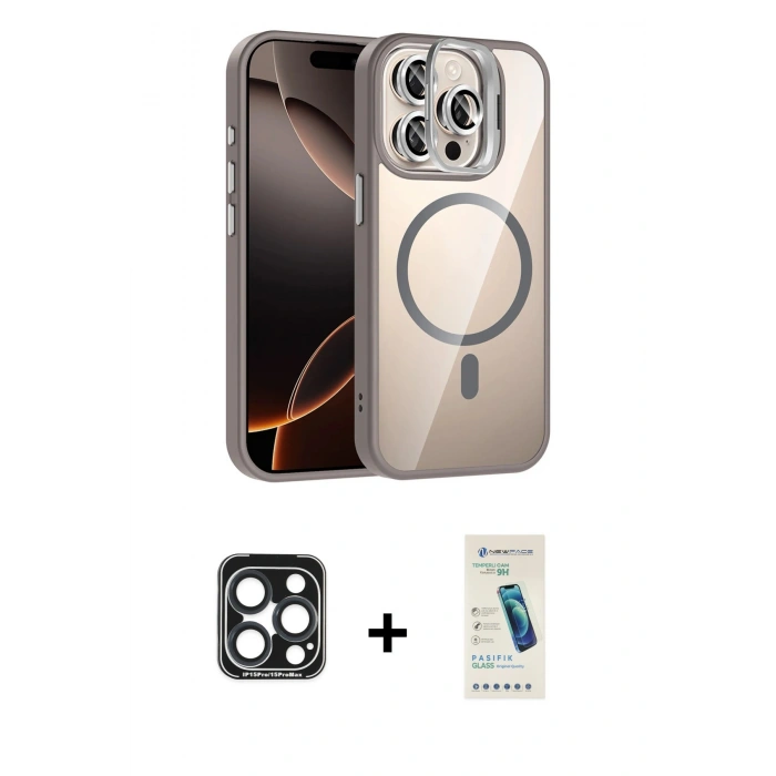 MARSİLYAN™- iPhone 15 Pro Max Kılıf Yadigar Asil Koleksiyonu - Şeffaf Pasifik Cam Ekran Koruyucu + PVD Metal Kamera Lens - LT