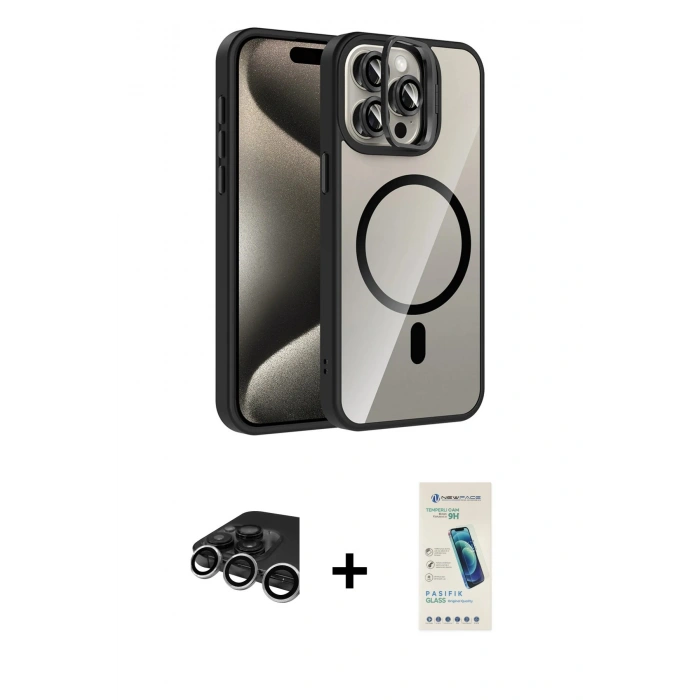 MARSİLYAN™- iPhone 15 Pro Max Kılıf Yadigar Asil Koleksiyonu - Şeffaf Pasifik Cam Ekran Koruyucu + Raze Metal Kamera Lens - GS