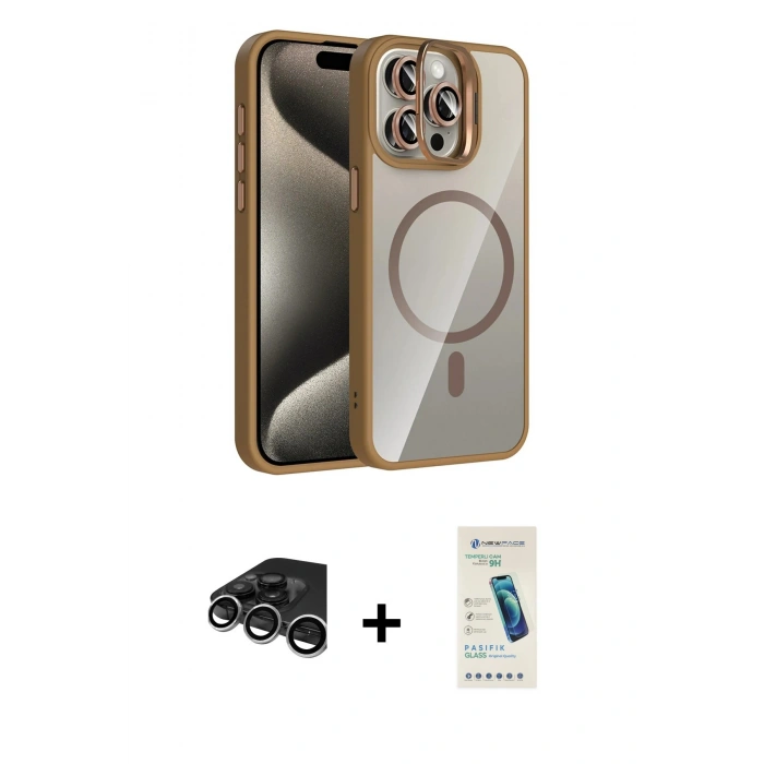 MARSİLYAN™- iPhone 15 Pro Max Kılıf Yadigar Asil Koleksiyonu - Şeffaf Pasifik Cam Ekran Koruyucu + Raze Metal Kamera Lens - GS