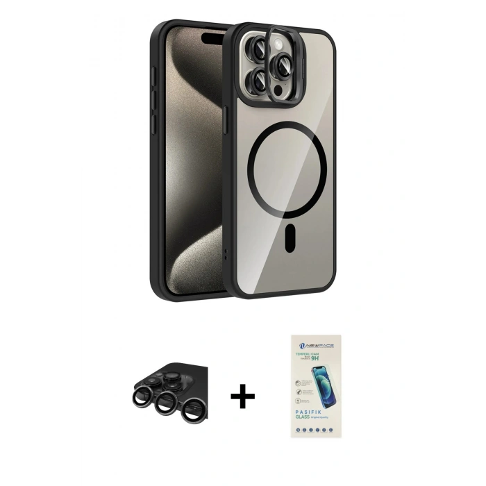 MARSİLYAN™- iPhone 15 Pro Max Kılıf Yadigar Asil Koleksiyonu - Şeffaf Pasifik Cam Ekran Koruyucu + Raze Metal Kamera Lens - TMGI