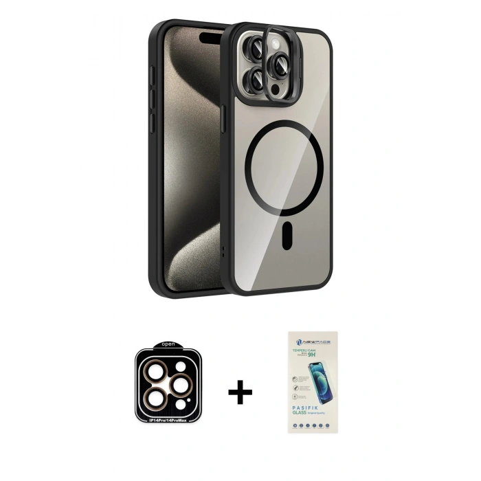MARSİLYAN™- iPhone 15 Pro Max Kılıf Yadigar Asil Koleksiyonu - Şeffaf Pasifik Cam Ekran Koruyucu + PVD Metal Kamera Lens - TU