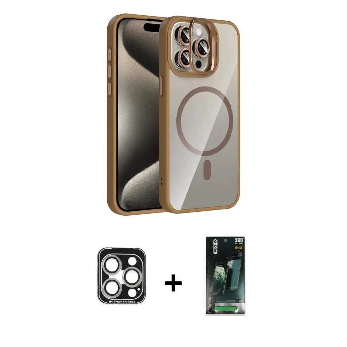 MARSİLYAN™- iPhone 15 Pro Max Kılıf Yadigar Asil Koleksiyonu - Siyah 360 Mat Full Body Arka Koruyucu + PVD Metal Kamera Lens - GS