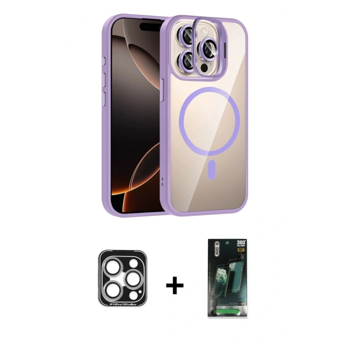 MARSİLYAN™- iPhone 15 Pro Max Kılıf Yadigar Asil Koleksiyonu - Siyah 360 Mat Full Body Arka Koruyucu + PVD Metal Kamera Lens - GS