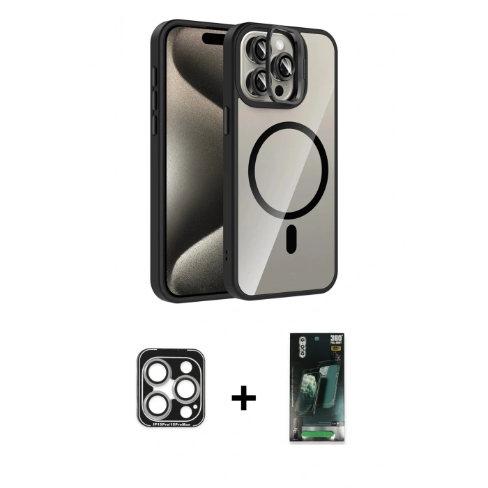 MARSİLYAN™- iPhone 15 Pro Max Kılıf Yadigar Asil Koleksiyonu - Siyah 360 Mat Full Body Arka Koruyucu + PVD Metal Kamera Lens - GS