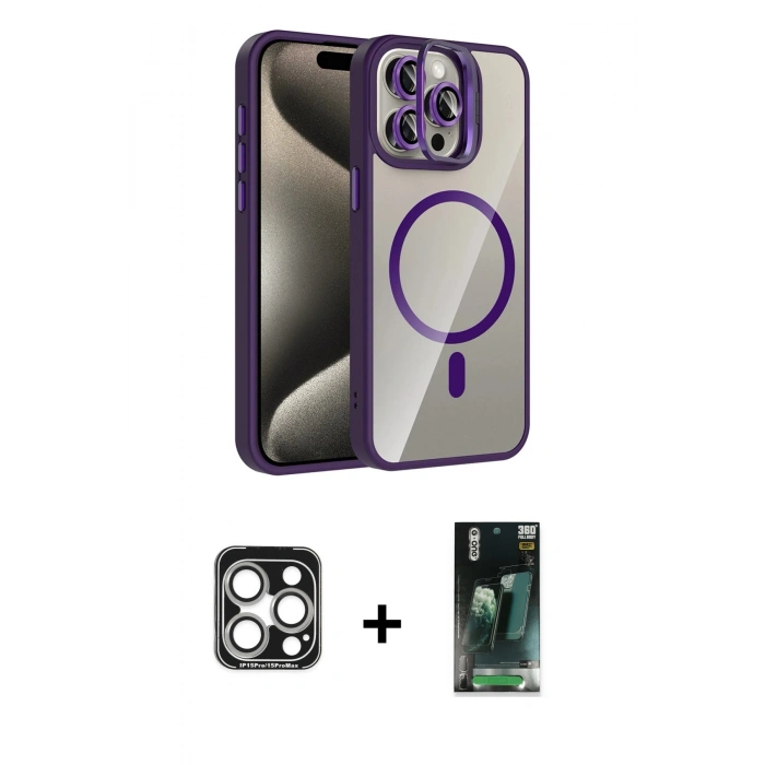 MARSİLYAN™- iPhone 15 Pro Max Kılıf Yadigar Asil Koleksiyonu - Siyah 360 Mat Full Body Arka Koruyucu + PVD Metal Kamera Lens - GS