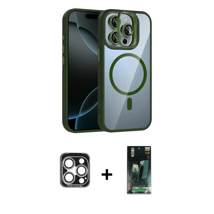 MARSİLYAN™- iPhone 15 Pro Max Kılıf Yadigar Asil Koleksiyonu - Siyah 360 Mat Full Body Arka Koruyucu + PVD Metal Kamera Lens - GS