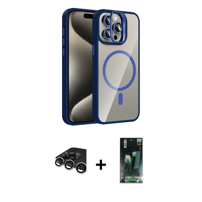 MARSİLYAN™- iPhone 15 Pro Max Kılıf Yadigar Asil Koleksiyonu - Siyah 360 Mat Full Body Arka Koruyucu + Raze Metal Kamera Lens - GS