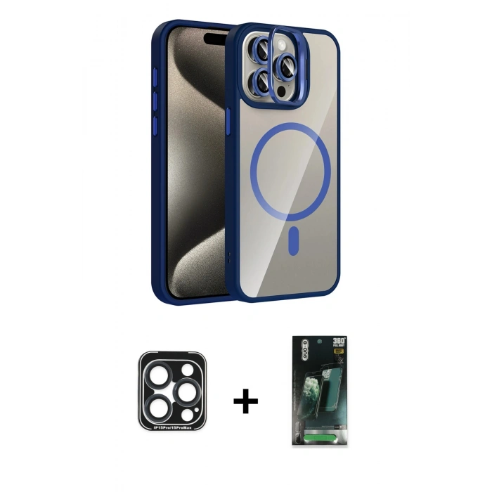 MARSİLYAN™- iPhone 15 Pro Max Kılıf Yadigar Asil Koleksiyonu - Siyah 360 Mat Full Body Arka Koruyucu + Lacivert PVD Metal Kamera Lens
