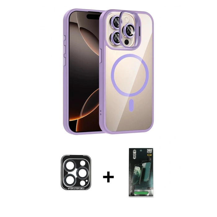 MARSİLYAN™- iPhone 15 Pro Max Kılıf Yadigar Asil Koleksiyonu - Siyah 360 Mat Full Body Arka Koruyucu + Lacivert PVD Metal Kamera Lens