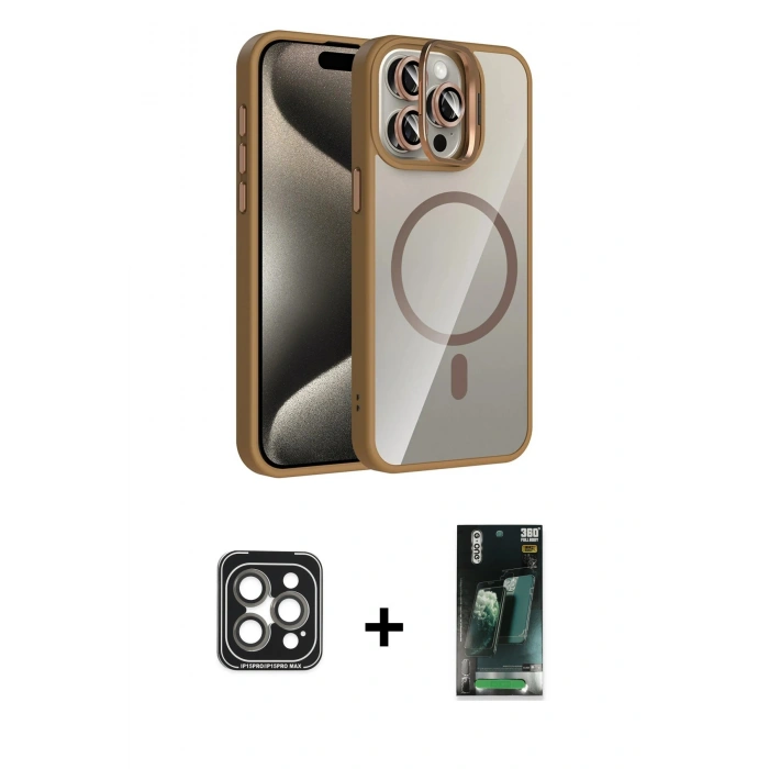 MARSİLYAN™- iPhone 15 Pro Max Kılıf Yadigar Asil Koleksiyonu - Siyah 360 Mat Full Body Arka Koruyucu + PVD Metal Kamera Lens - GI