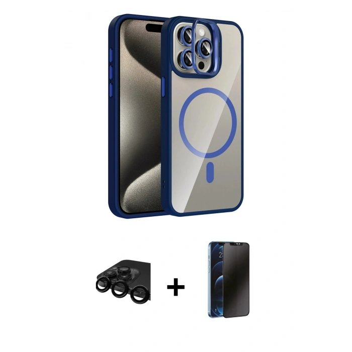 MARSİLYAN™- iPhone 15 Pro Max Kılıf Yadigar Asil Koleksiyonu - Siyah 3D Antistatik Hayalet Cam Ekran Koruyucu + Raze Metal Kamera Lens - SH