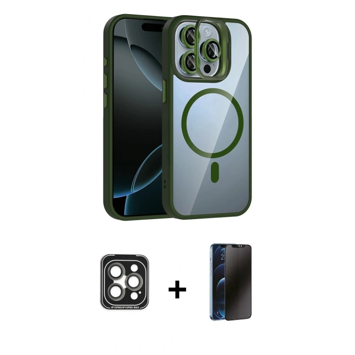 MARSİLYAN™- iPhone 15 Pro Max Kılıf Yadigar Asil Koleksiyonu - Siyah 3D Antistatik Hayalet Cam Ekran Koruyucu + Gri PVD Metal Kamera Lens
