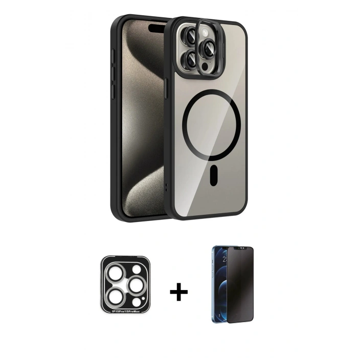 MARSİLYAN™- iPhone 15 Pro Max Kılıf Yadigar Asil Koleksiyonu - Siyah 3D Antistatik Hayalet Cam Ekran Koruyucu + PVD Metal Kamera Lens - GS