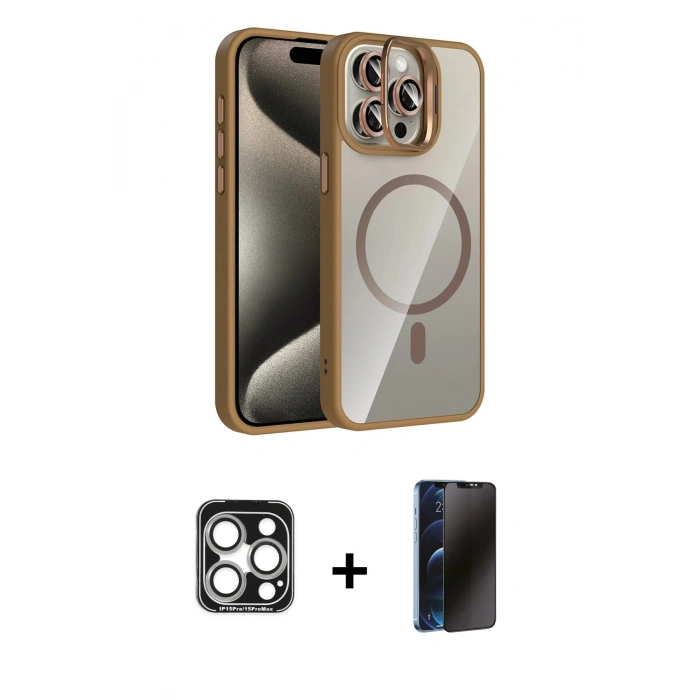 MARSİLYAN™- iPhone 15 Pro Max Kılıf Yadigar Asil Koleksiyonu - Siyah 3D Antistatik Hayalet Cam Ekran Koruyucu + PVD Metal Kamera Lens - GS