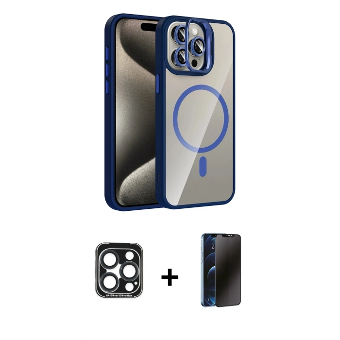 MARSİLYAN™- iPhone 15 Pro Max Kılıf Yadigar Asil Koleksiyonu - Siyah 3D Antistatik Hayalet Cam Ekran Koruyucu + PVD Metal Kamera Lens - LT