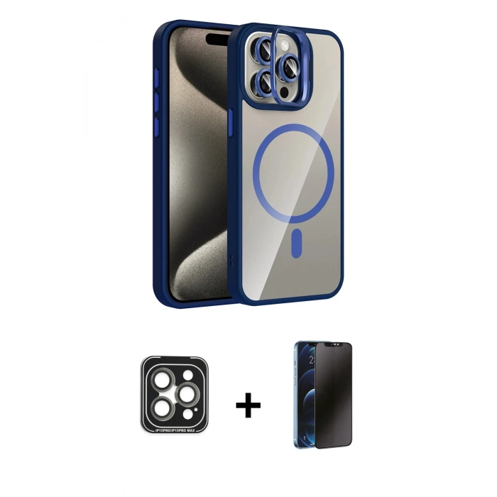MARSİLYAN™- iPhone 15 Pro Max Kılıf Yadigar Asil Koleksiyonu - Siyah 3D Antistatik Hayalet Cam Ekran Koruyucu + Gri PVD Metal Kamera Lens