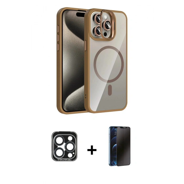 MARSİLYAN™- iPhone 15 Pro Max Kılıf Yadigar Asil Koleksiyonu - Siyah 3D Antistatik Hayalet Cam Ekran Koruyucu + PVD Metal Kamera Lens - LT