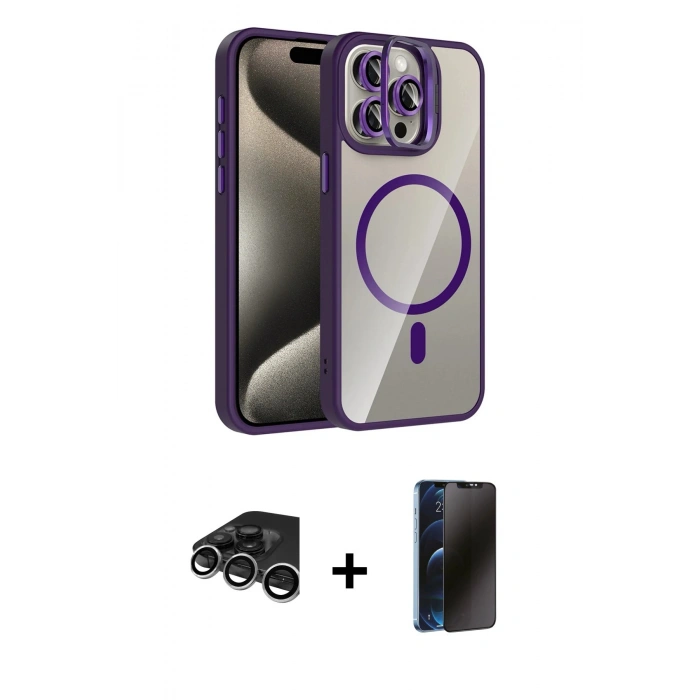 MARSİLYAN™- iPhone 15 Pro Max Kılıf Yadigar Asil Koleksiyonu - Siyah 3D Antistatik Hayalet Cam Ekran Koruyucu + Raze Metal Kamera Lens - GS