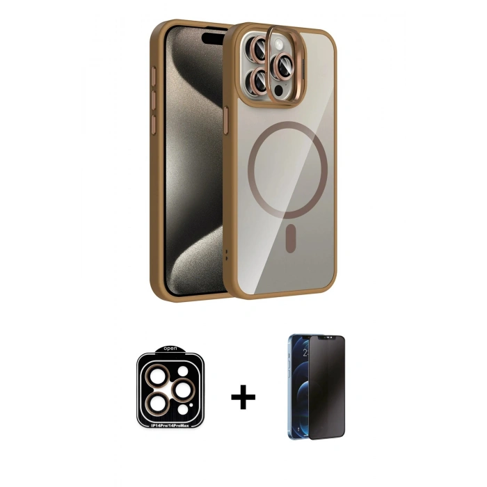 MARSİLYAN™- iPhone 15 Pro Max Kılıf Yadigar Asil Koleksiyonu - Siyah 3D Antistatik Hayalet Cam Ekran Koruyucu + PVD Metal Kamera Lens - TU
