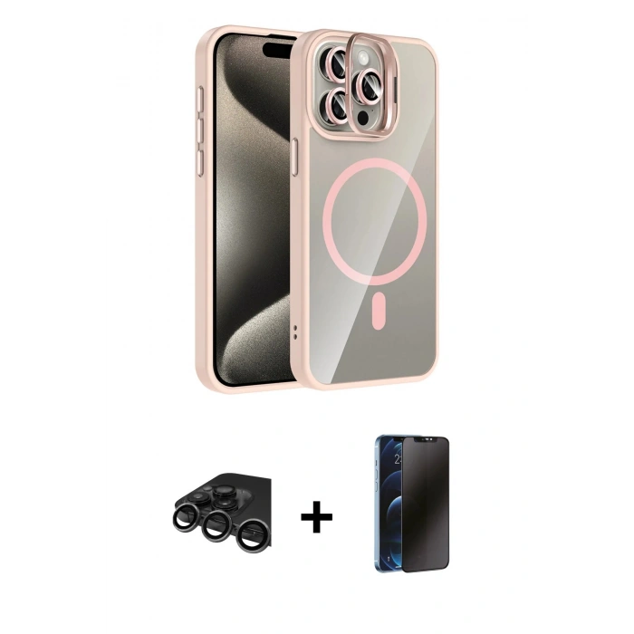 MARSİLYAN™- iPhone 15 Pro Max Kılıf Yadigar Asil Koleksiyonu - Siyah 3D Antistatik Hayalet Cam Ekran Koruyucu + Raze Metal Kamera Lens - TMGI