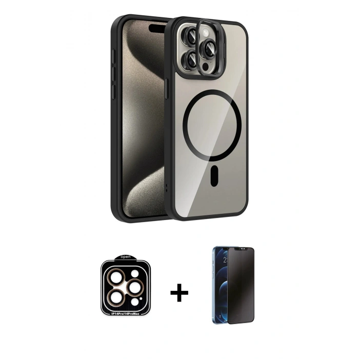 MARSİLYAN™- iPhone 15 Pro Max Kılıf Yadigar Asil Koleksiyonu - Siyah 3D Antistatik Hayalet Cam Ekran Koruyucu + PVD Metal Kamera Lens - TU