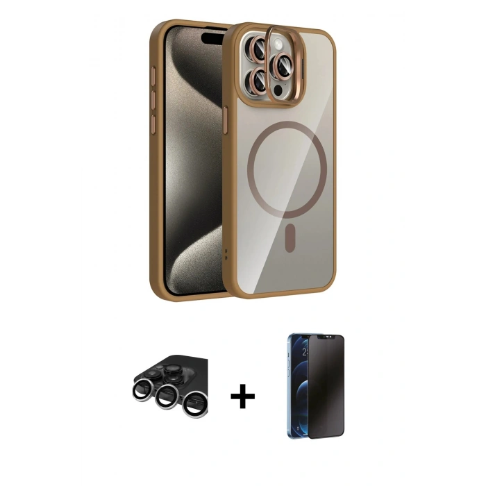 MARSİLYAN™- iPhone 15 Pro Max Kılıf Yadigar Asil Koleksiyonu - Siyah 3D Antistatik Hayalet Cam Ekran Koruyucu + Raze Metal Kamera Lens - GS