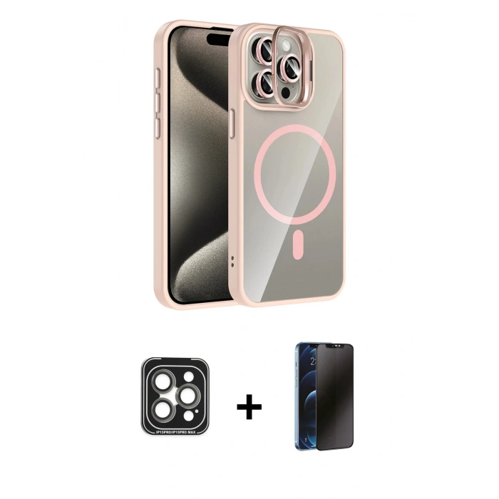 MARSİLYAN™- iPhone 15 Pro Max Kılıf Yadigar Asil Koleksiyonu - Siyah 3D Antistatik Hayalet Cam Ekran Koruyucu + PVD Metal Kamera Lens - GI