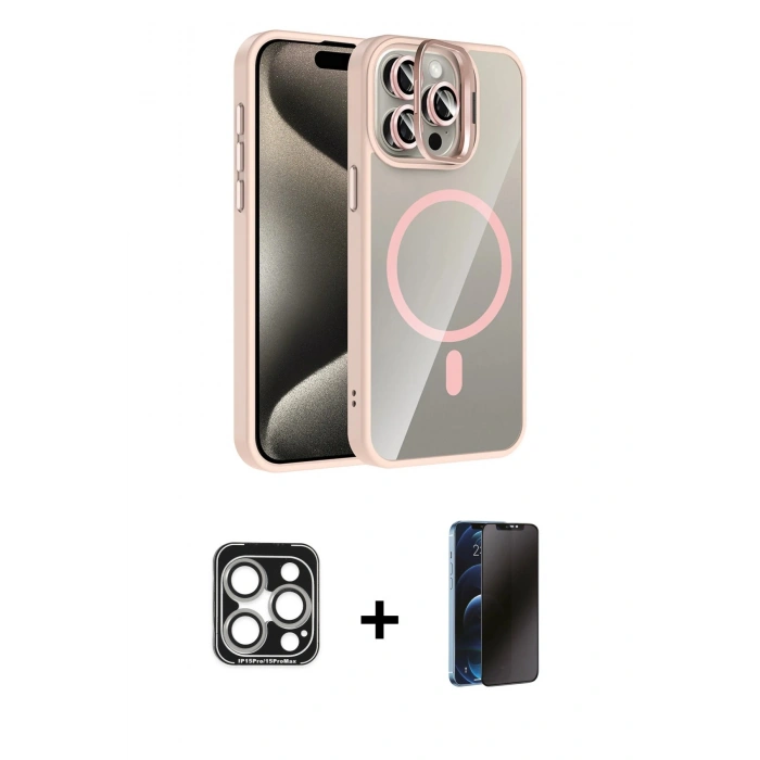MARSİLYAN™- iPhone 15 Pro Max Kılıf Yadigar Asil Koleksiyonu - Siyah 3D Antistatik Hayalet Cam Ekran Koruyucu + PVD Metal Kamera Lens - GS