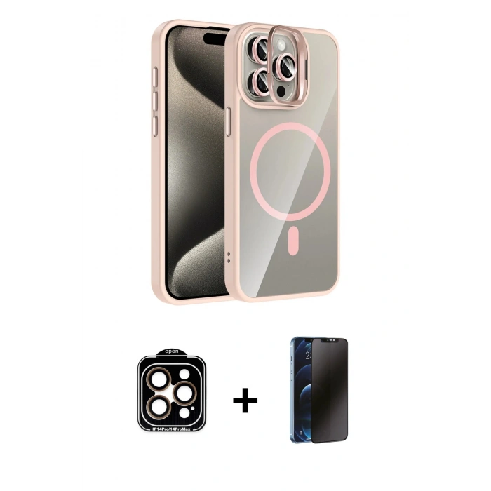 MARSİLYAN™- iPhone 15 Pro Max Kılıf Yadigar Asil Koleksiyonu - Siyah 3D Antistatik Hayalet Cam Ekran Koruyucu + PVD Metal Kamera Lens - TU