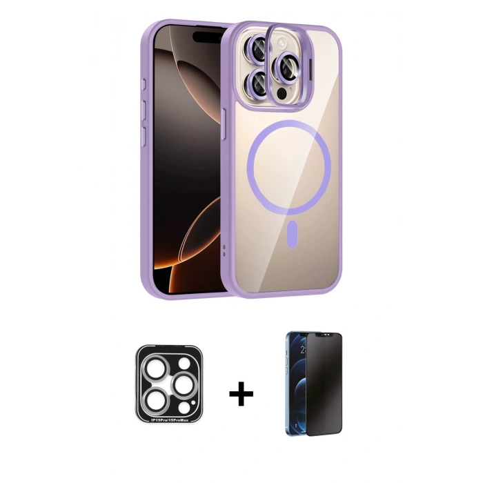 MARSİLYAN™- iPhone 15 Pro Max Kılıf Yadigar Asil Koleksiyonu - Siyah 3D Antistatik Hayalet Cam Ekran Koruyucu + PVD Metal Kamera Lens - GS