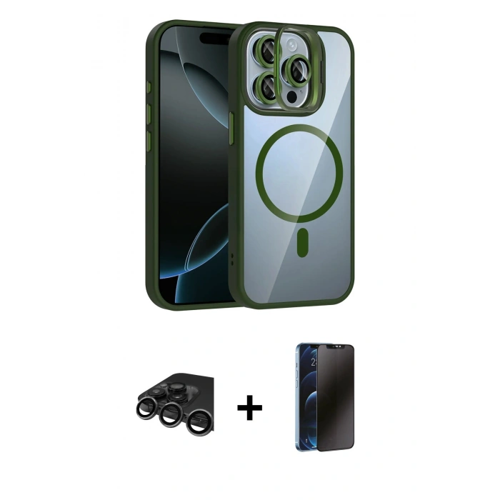 MARSİLYAN™- iPhone 15 Pro Max Kılıf Yadigar Asil Koleksiyonu - Siyah 3D Antistatik Hayalet Cam Ekran Koruyucu + Raze Metal Kamera Lens - TMGI