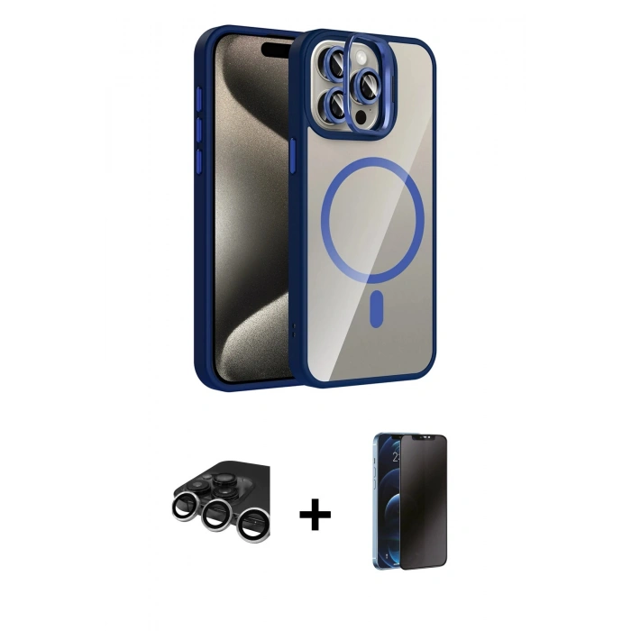 MARSİLYAN™- iPhone 15 Pro Max Kılıf Yadigar Asil Koleksiyonu - Siyah 3D Antistatik Hayalet Cam Ekran Koruyucu + Raze Metal Kamera Lens - GS