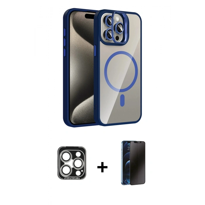 MARSİLYAN™- iPhone 15 Pro Max Kılıf Yadigar Asil Koleksiyonu - Siyah 3D Antistatik Hayalet Cam Ekran Koruyucu + PVD Metal Kamera Lens - GS