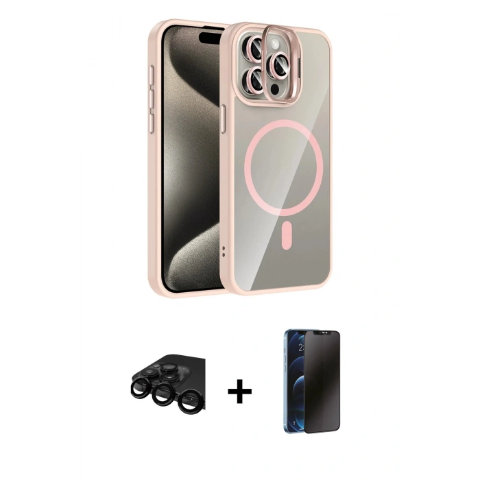 MARSİLYAN™- iPhone 15 Pro Max Kılıf Yadigar Asil Koleksiyonu - Siyah 3D Antistatik Hayalet Cam Ekran Koruyucu + Raze Metal Kamera Lens - SH