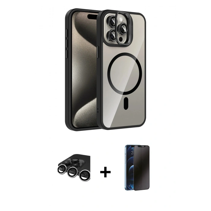 MARSİLYAN™- iPhone 15 Pro Max Kılıf Yadigar Asil Koleksiyonu - Siyah 3D Antistatik Hayalet Cam Ekran Koruyucu + Raze Metal Kamera Lens - GS