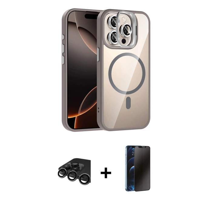MARSİLYAN™- iPhone 15 Pro Max Kılıf Yadigar Asil Koleksiyonu - Siyah 3D Antistatik Hayalet Cam Ekran Koruyucu + Raze Metal Kamera Lens - TMGI