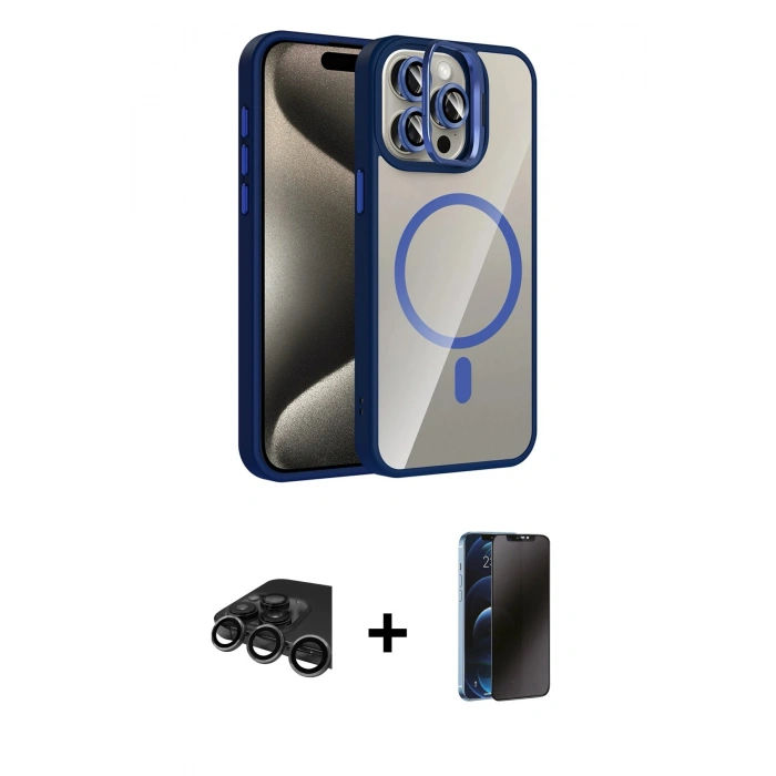 MARSİLYAN™- iPhone 15 Pro Max Kılıf Yadigar Asil Koleksiyonu - Siyah 3D Antistatik Hayalet Cam Ekran Koruyucu + Raze Metal Kamera Lens - TMGI