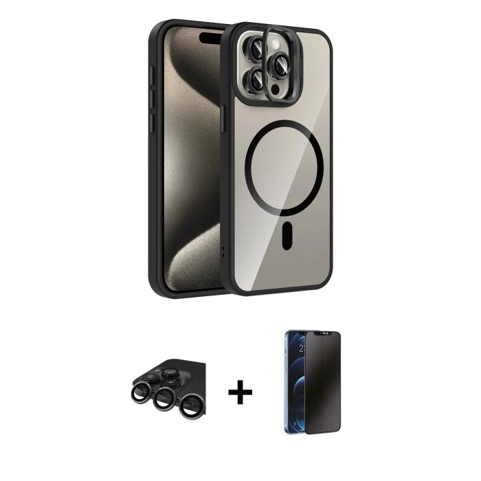 MARSİLYAN™- iPhone 15 Pro Max Kılıf Yadigar Asil Koleksiyonu - Siyah 3D Antistatik Hayalet Cam Ekran Koruyucu + Raze Metal Kamera Lens - TMGI