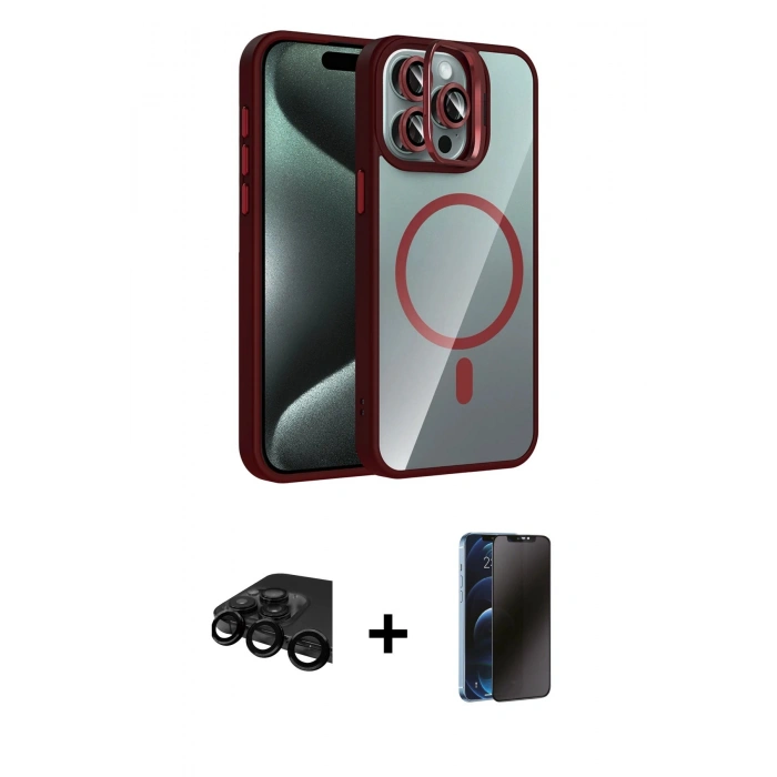 MARSİLYAN™- iPhone 15 Pro Max Kılıf Yadigar Asil Koleksiyonu - Siyah 3D Antistatik Hayalet Cam Ekran Koruyucu + Raze Metal Kamera Lens - SH
